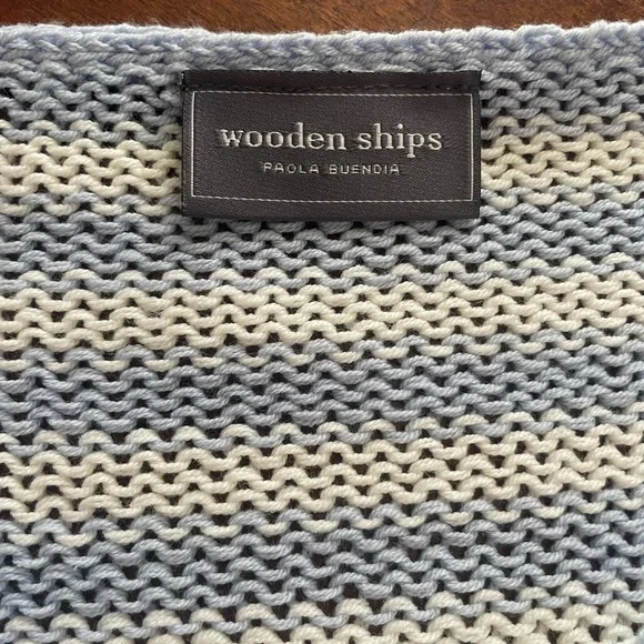 Wooden Ships Blue and White Striped V-Neck Sweater with Red Heart - Picture 7 of 9